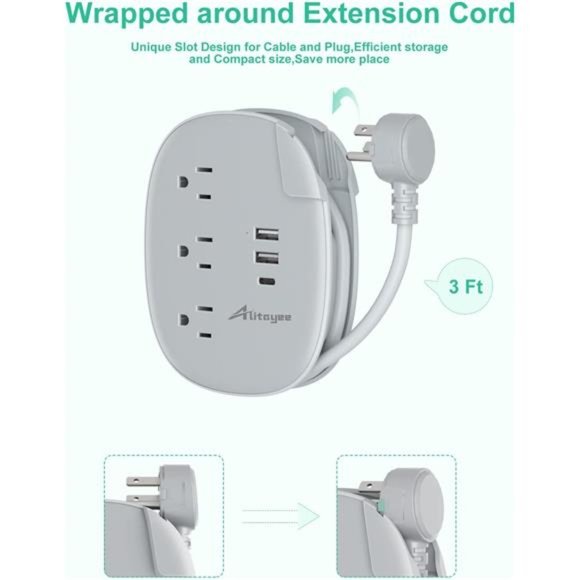 USB C Portable Travel Power Strip with 3Outlets 3USB Ports Fast Charge,USB - Picture 3 of 5